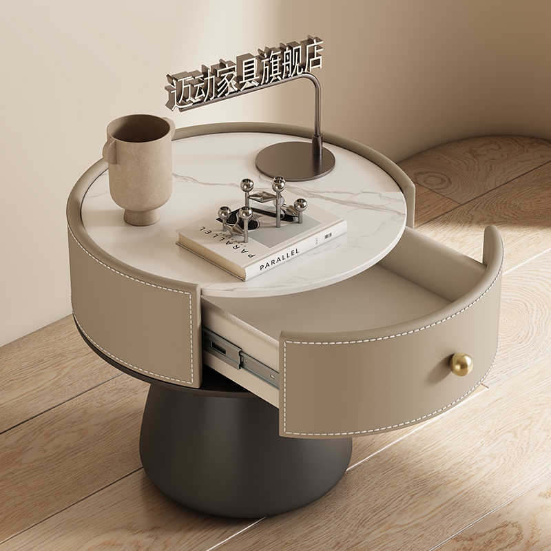 Italian Luxury Round Nightstand with Leather Upholstery & Marble Top, Contemporary Bedside Table with Drawer Storage, Modern Bedroom Side Table
