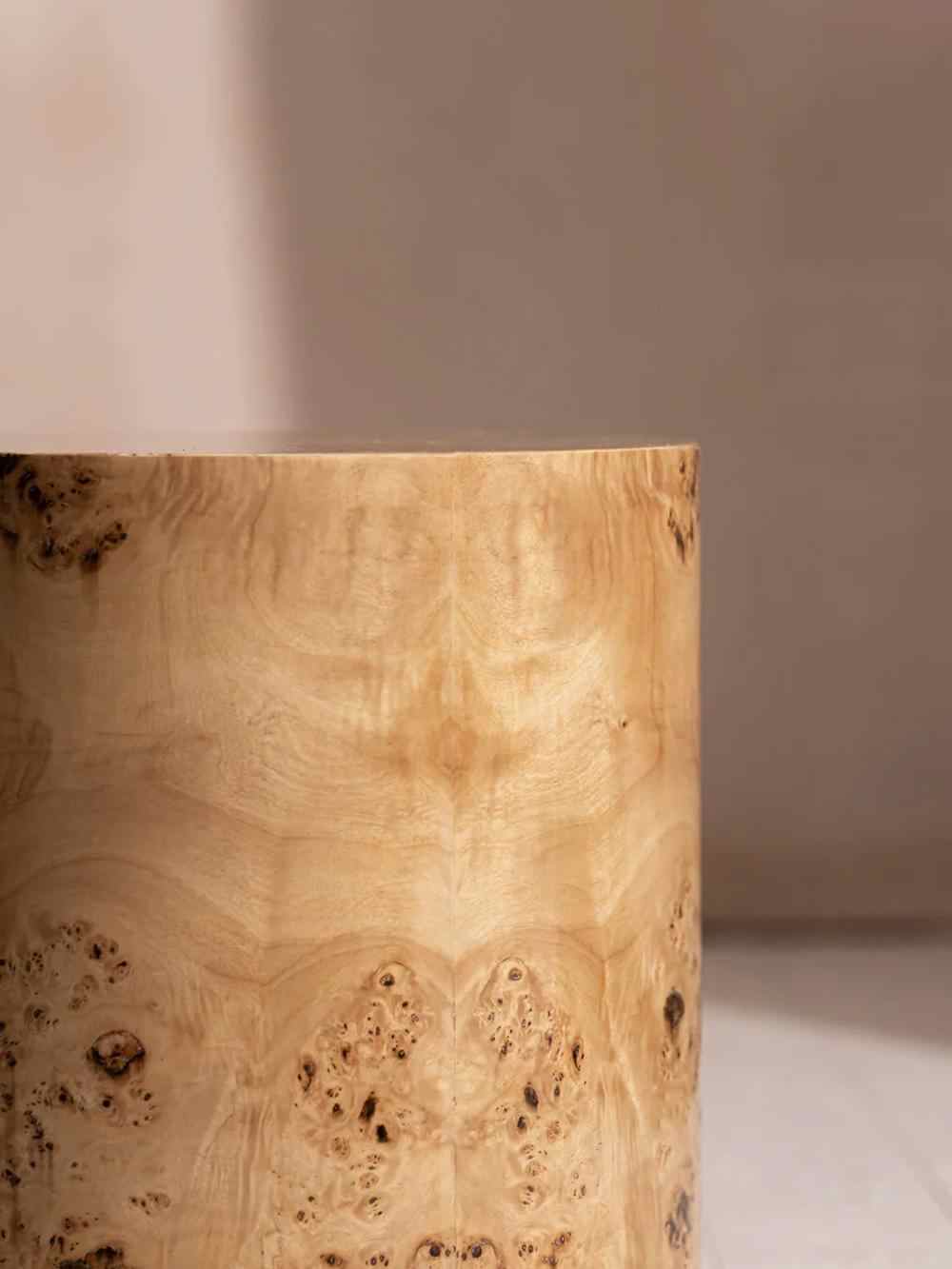 Burl Wood Cylindrical Side Table, Natural Tree Burl Accent Table with Organic Grain Patterns, French Style Round Drum Nightstand, INS Nordic Design