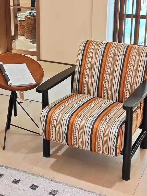 Vintage Solid Wood Armchair – Retro Striped Single Lounge Chair for Living Room, Balcony, Studio, or Hotel