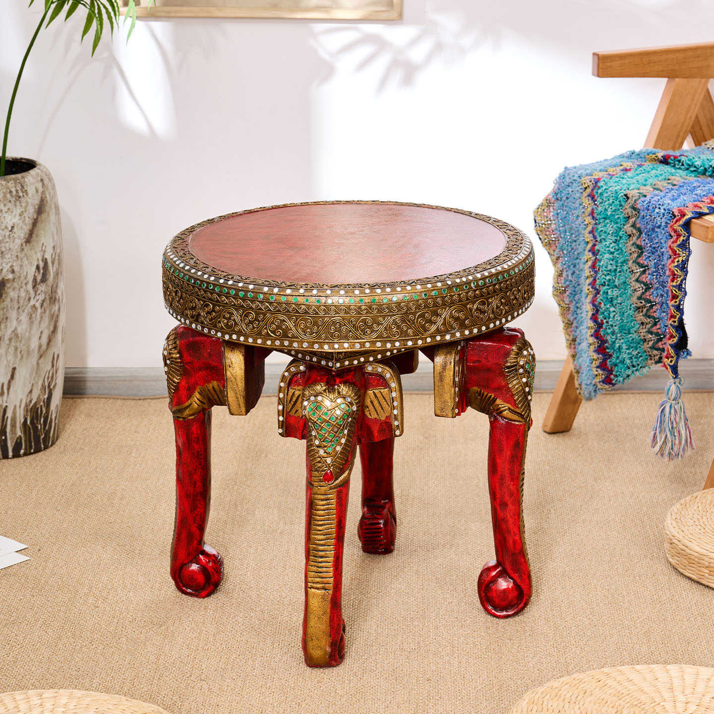 Thai Handcrafted Elephant-Inspired Solid Wood Side Table, Vintage Round Accent Table for Living Room & Balcony
