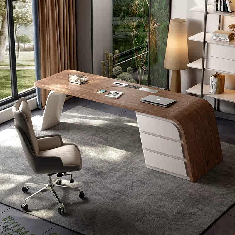 Modern Minimalist Black Walnut Executive Desk – Curved Wood Office Table for Study & Workspace