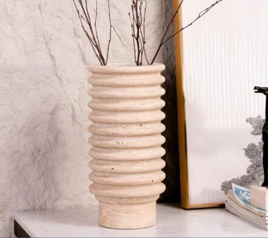 Luxury Modern Textured Marble Vase – Beige Cylinder Flower Pot, Creative Dining Table Accent for Living Room, Hotel, Showroom Decor