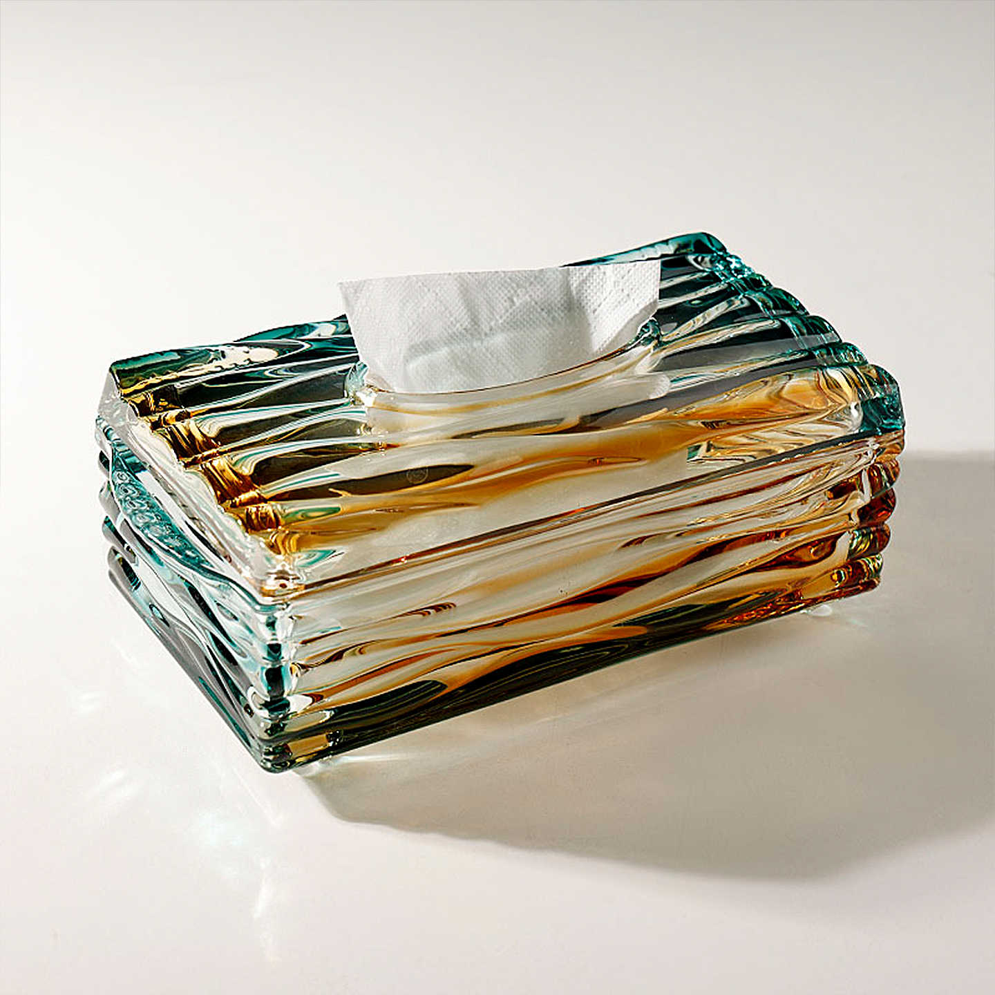 Luxury Emerald Gold Wave Glass Tissue Box, Art Glass Napkin Dispenser with Flowing Ocean Pattern, Premium Home Decor Accessory