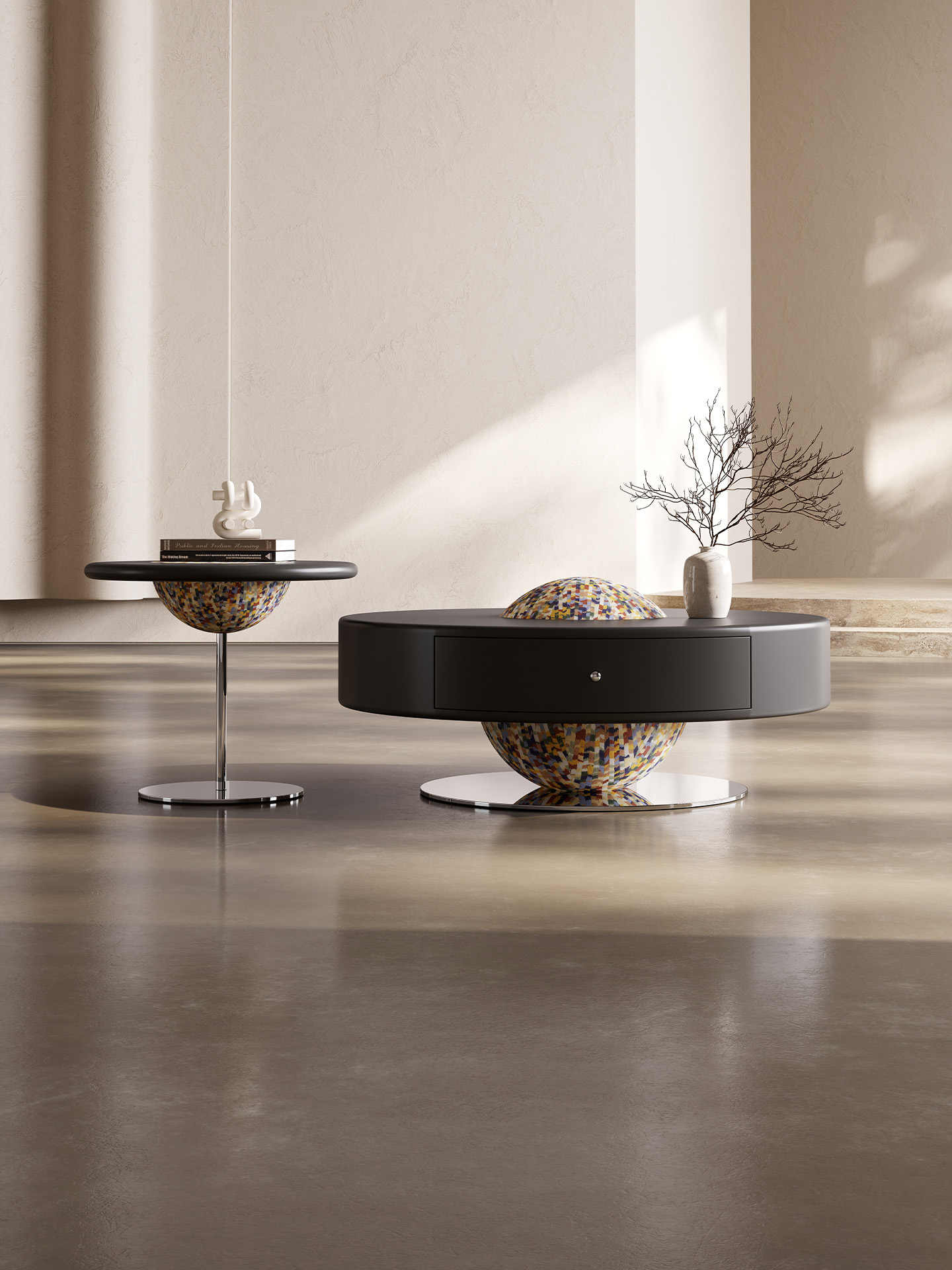 Patent Design Cream Style Coffee Table Set – Italian Minimalist Matte Black with Mosaic Sphere Accents, Contemporary Living Room Furniture