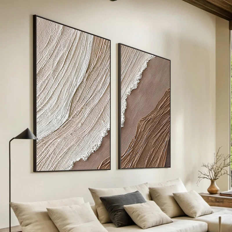 Modern Abstract Textured Ocean Waves Hand-Painted Canvas Wall Art Set of 2, Large Style Painting for Living Room, Entrance Decor, Black Aluminum Alloy Frame