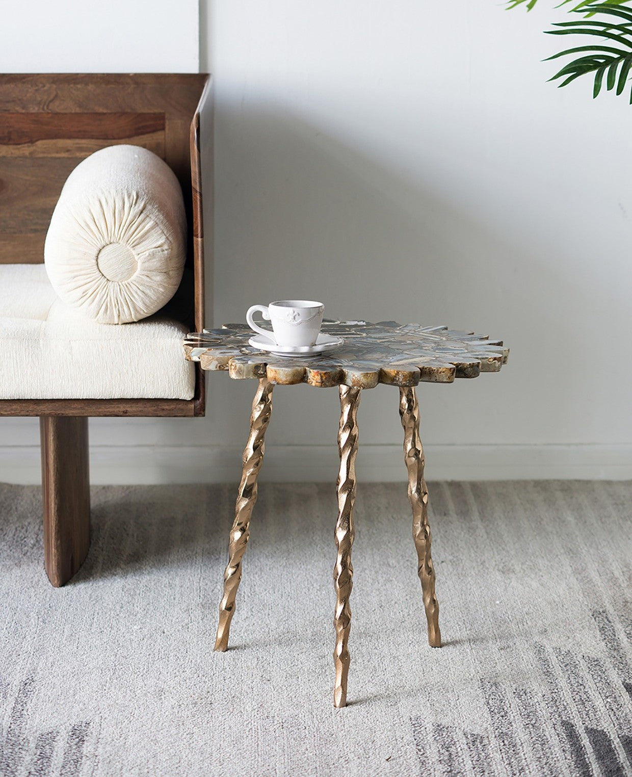 Handcrafted Aluminum Inlaid Agate Luxury Stone Designer Side Table, Large Gold Edition