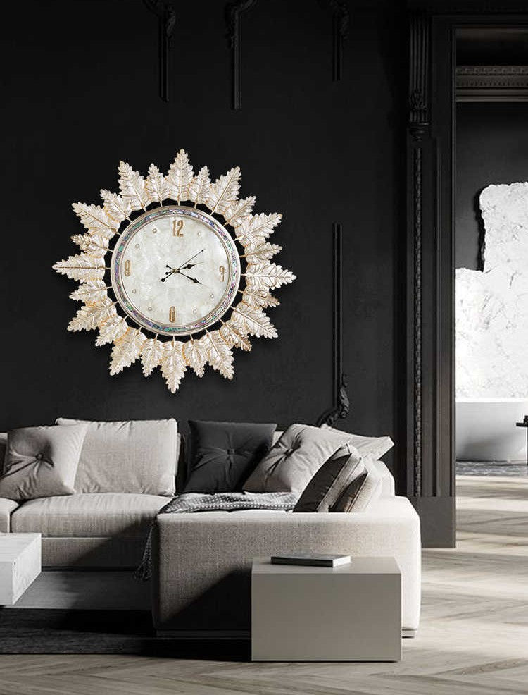 Luxury Silent Wall Clock, Modern Gold Leaf Decorative Clock for Living Room, Entryway & Bedroom – Quiet Movement