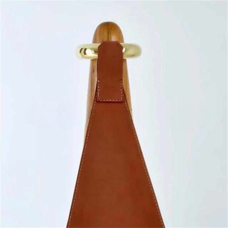 Modern Luxury Leather and Wood Accent Chair, Designer Camel Sling Lounge Chair with Brass, Minimalist Living Room or Hotel Armchair