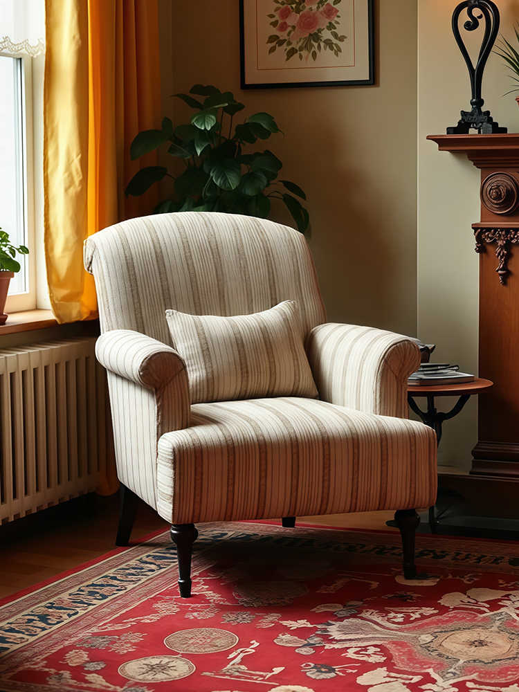 Vintage High-Back Tiger Armchair & Ottoman Set – Retro Striped Single Sofa for Living Room, Balcony, Homestay, or Study