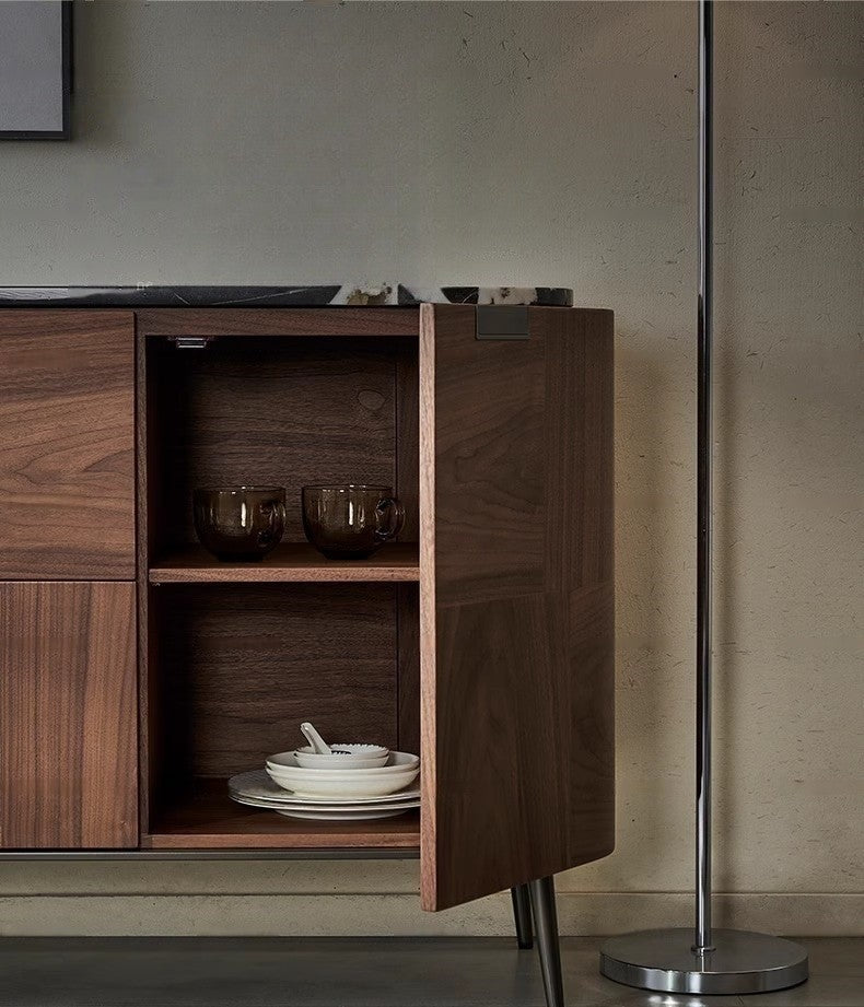 Modern Walnut Wood Parquet Pattern Storage Cabinet, Scandinavian Style Bar Cabinet with Geometric Veneer Design, Contemporary Living Room Sideboard,