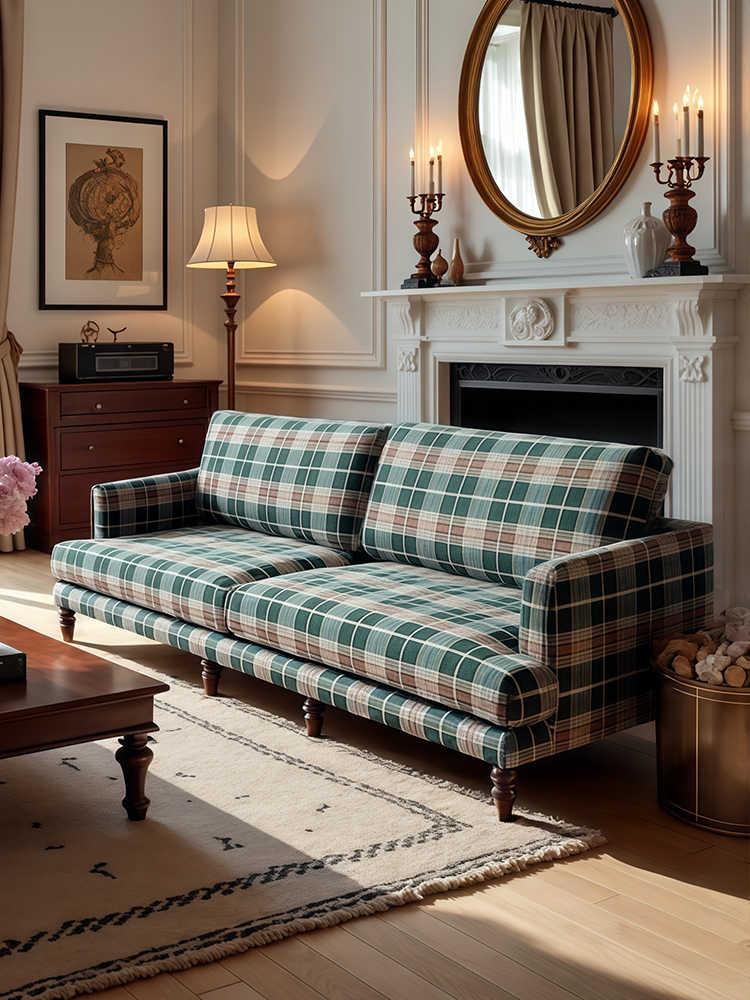 Vintage Plaid Designer Sofa – Colonial 3-Seater for Living Room, Homestay, Retro Guest Lounge