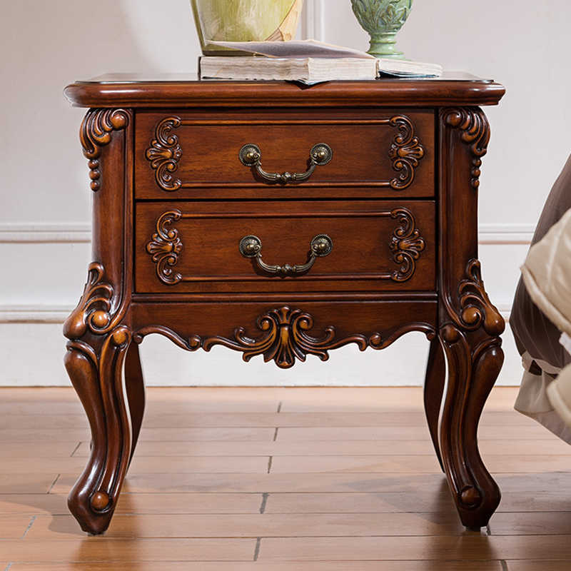 Classic American Solid Wood Nightstand with Carved Details – European Style Bedside Cabinet with 2-Drawer Storage for Bedroom