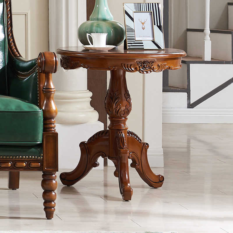 Classic American Solid Wood Round Side Table – Hand-Carved Pedestal Accent Table with Rose Detail, Victorian Style End Table for Living Room