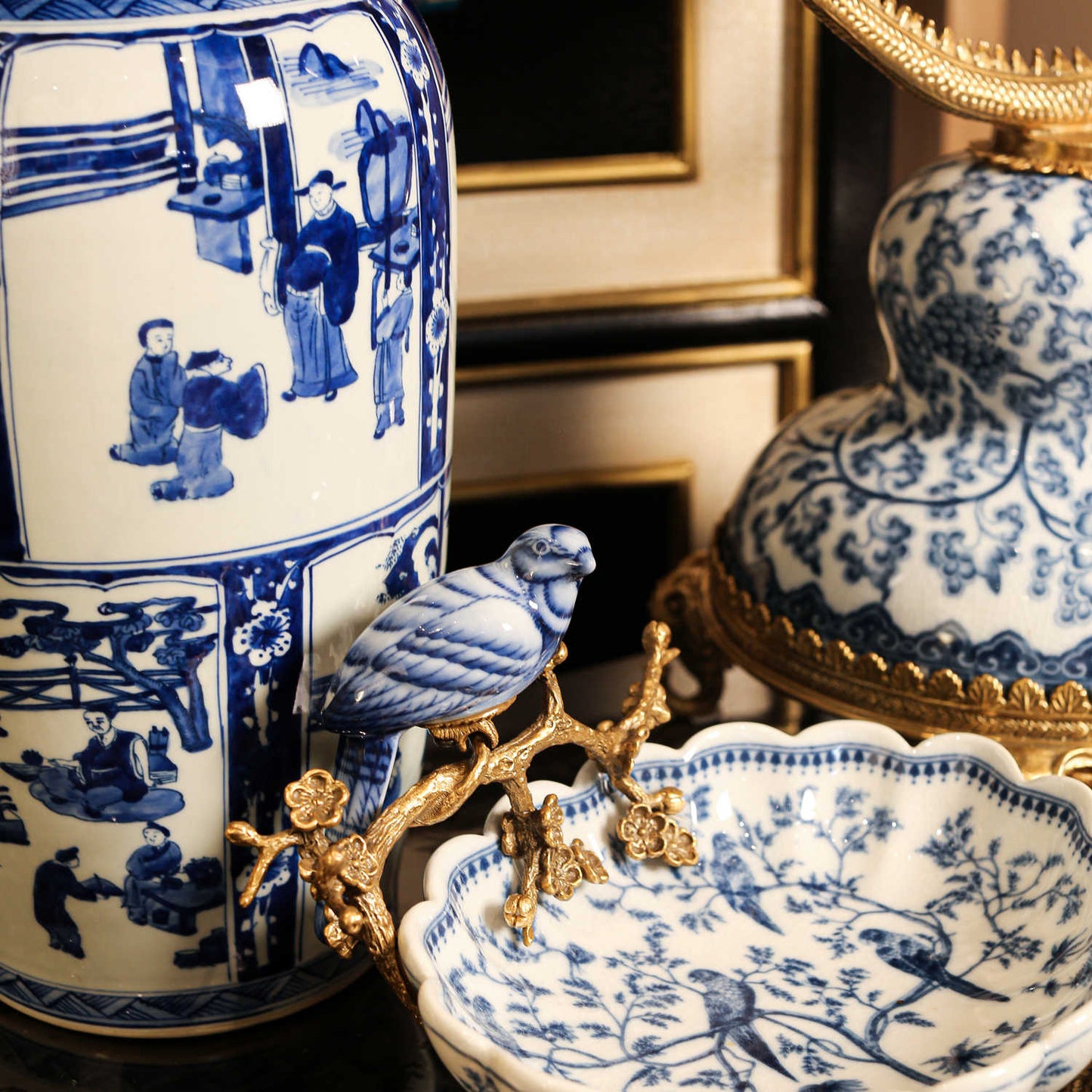 Oriental Blue-and-White Porcelain Bird Dish, Hand-Painted Ceramic & Brass Plum Blossom Accent Decorative Bowl