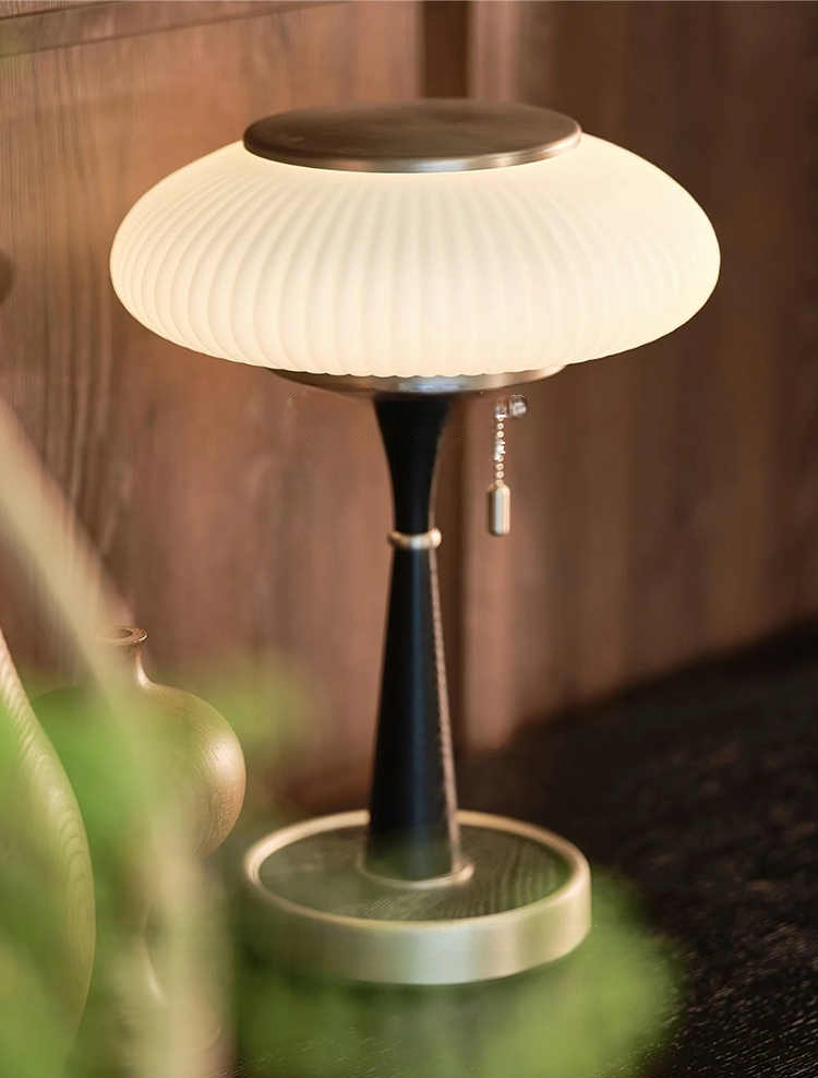 Vintage Walnut Table Lamp with White Glass Shade, Pull Chain Retro LED Accent Light for Bedroom, Living Room, Study