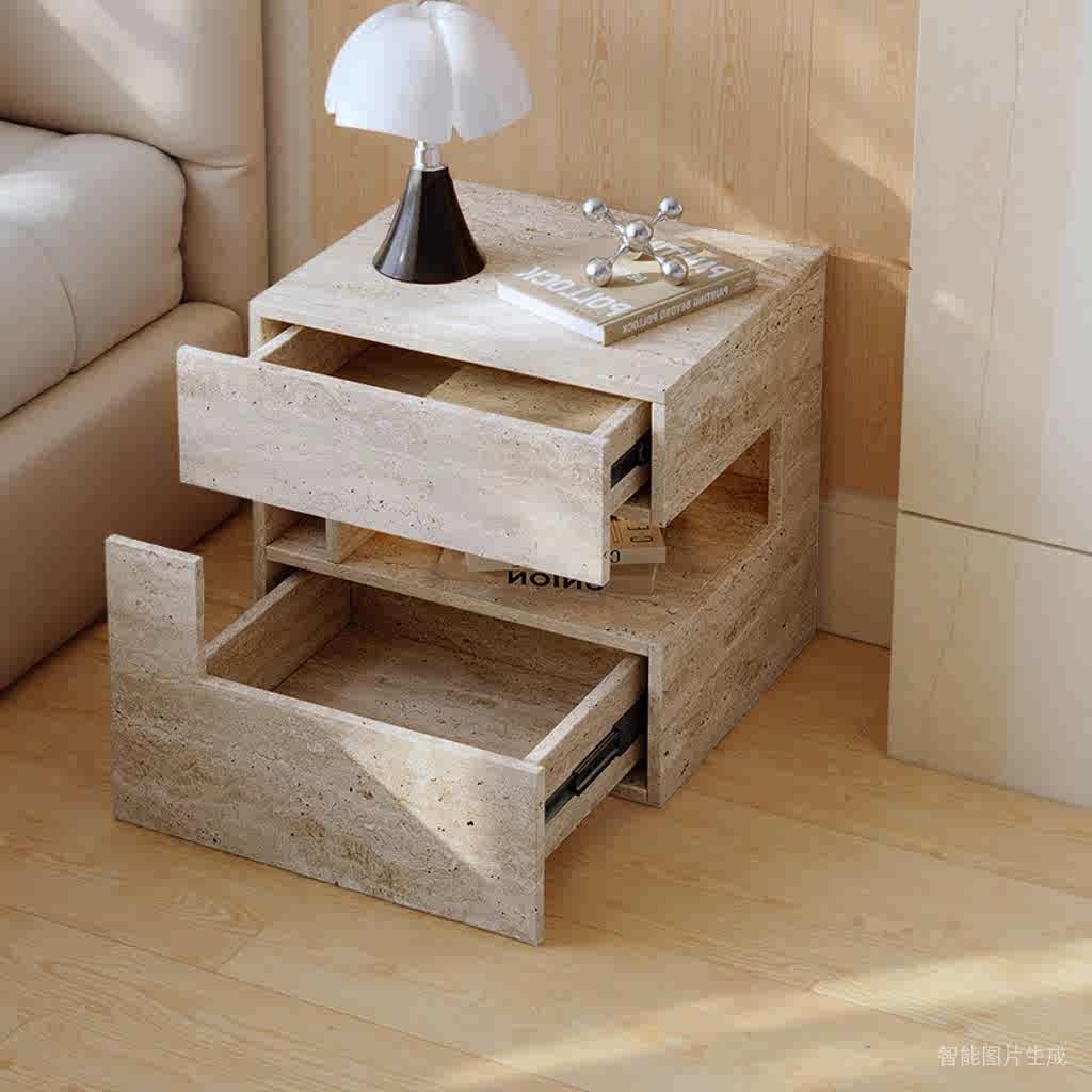 Contemporary Travertine Stone Wabi-Sabi Floating Nightstand – Intelligent LED Lighting Solid Wood Bedside Cabinet with Drawer Storage