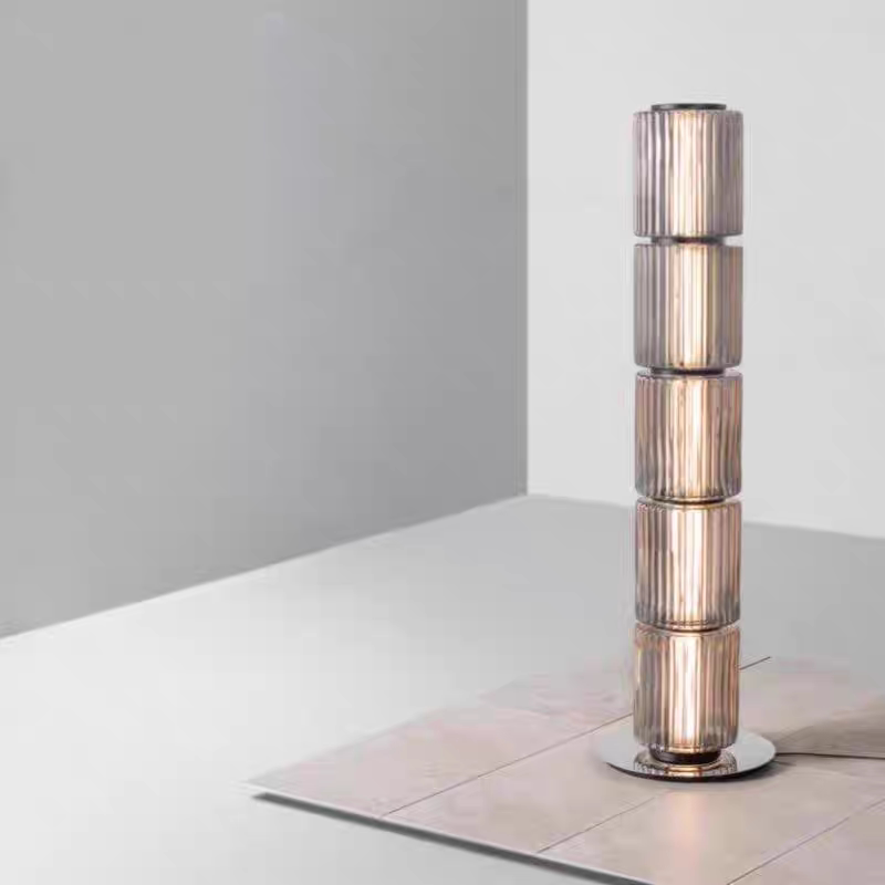 Modern Designer Glass Column Floor Lamp, Stacked Smoky Gray Cylinder Ambient Light for Living Room, Studio, Gallery