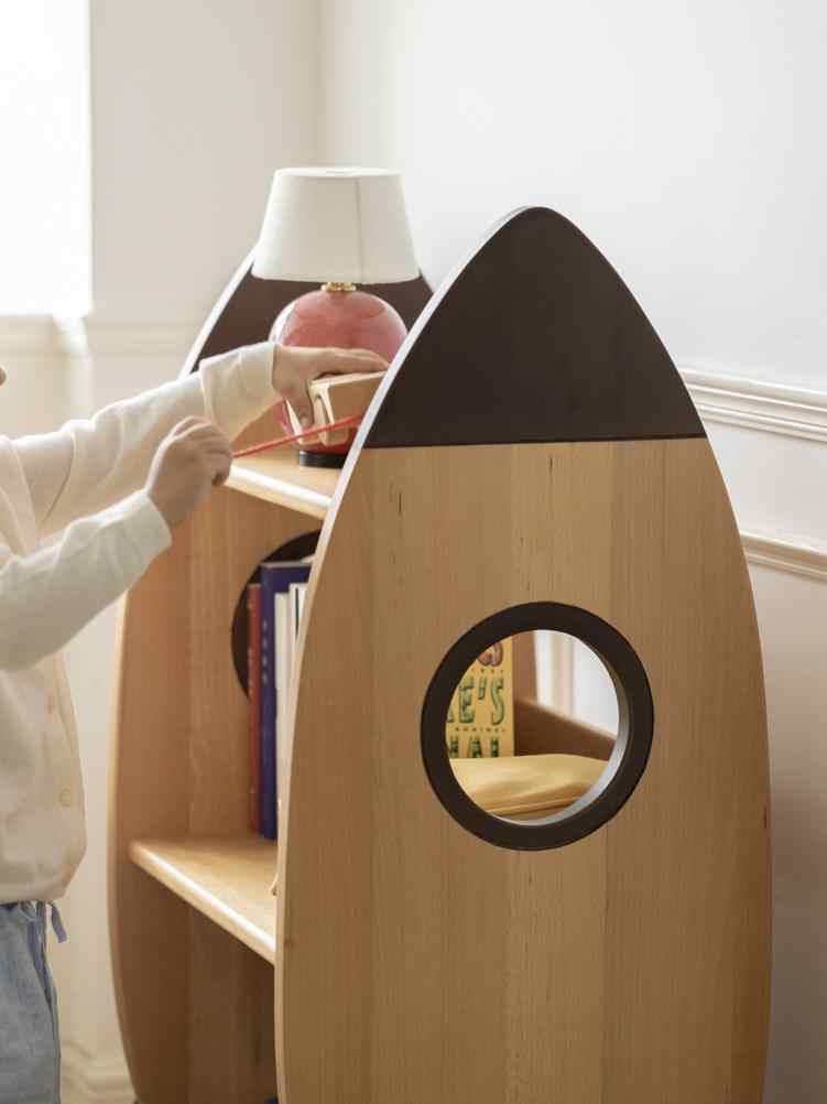 Rocket-Shaped Kids Bookshelf & Storage Cabinet, Premium Natural Wood Children's Furniture with Space Theme, Multi-Purpose Toy Organizer