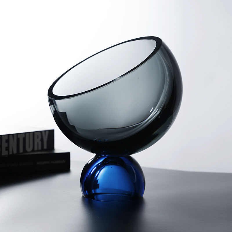 Creative Tilted Crystal Glass Fruit Bowl with Blue Sphere Base, Modern Angled Serving Dish for Candy Snacks Living Room Club, Luxury Contemporary Décor