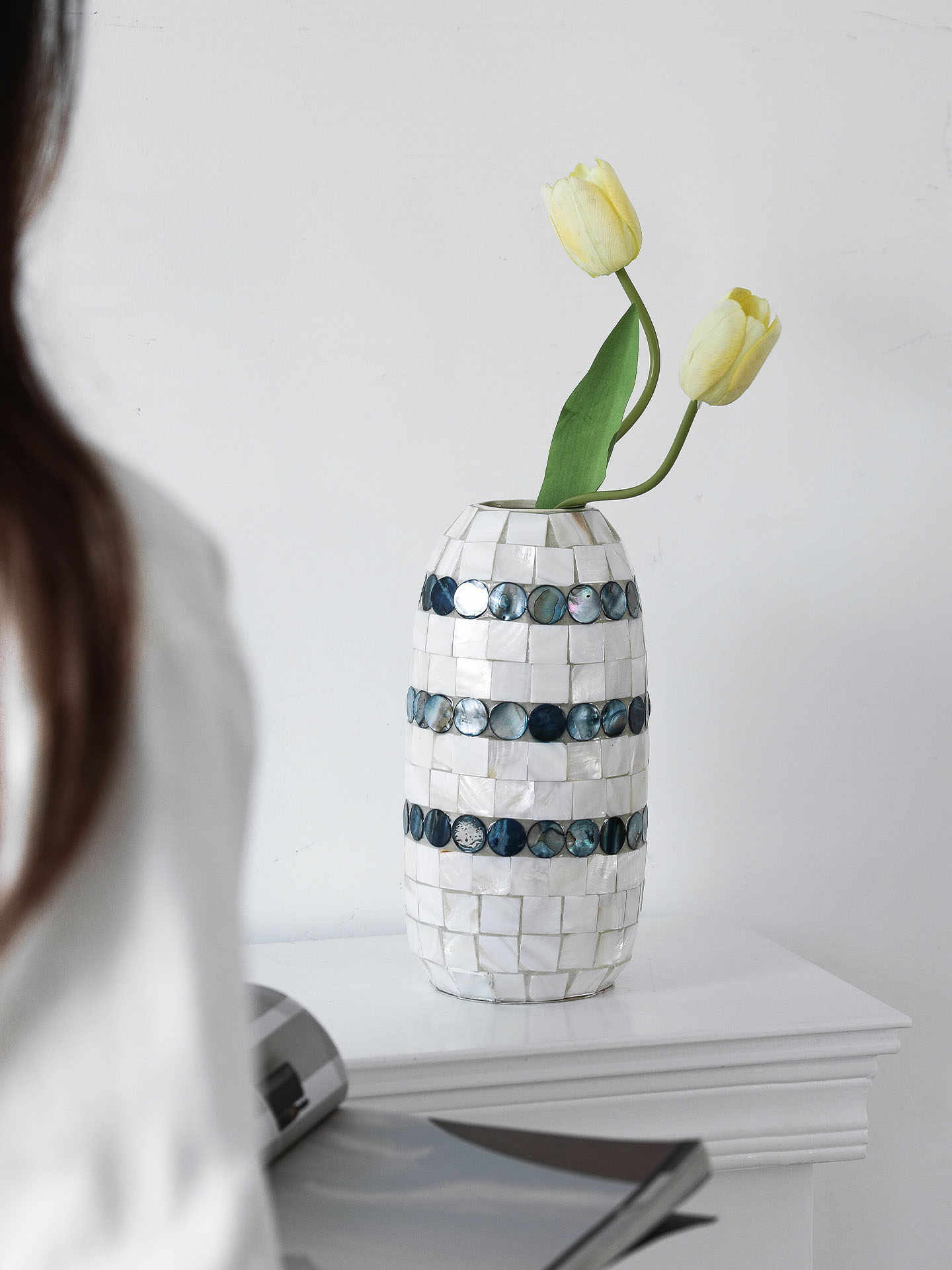 Blue & White Ceramic Vase Set, Mosaic Dot Flower Vases for Water and Tabletop Décor – Tall & Short Pair