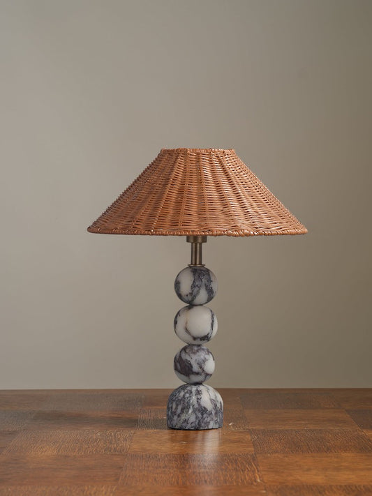 Luxury Marble Table Lamp, Vintage Woven Rattan Shade, High-End Modern Bedside and Desk Accent Light for Living Room, Bedroom, Study