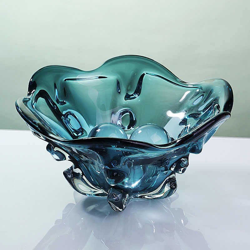 Luxury Modern Crystal Glass Oversized Fruit Bowl, Premium Teal Wave Design Serving Dish for Living Room Coffee Table, High-End Decorative Centerpiece