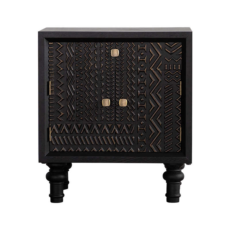Vintage Black Carved Tribal Pattern Nightstand, Wabi-Sabi Style Storage Cabinet with Turned Legs, Small Space Bedside Table for Bedroom, Living Room