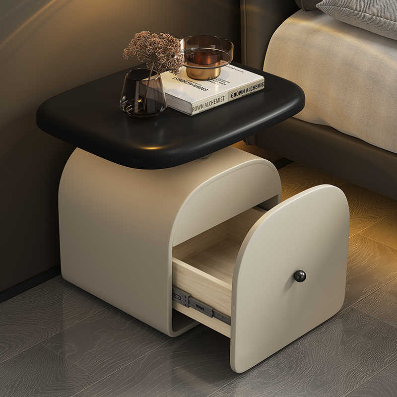 Modern Curved Nightstand with Hidden Drawer Storage, Italian Luxury Style Bedside Table with Cat Paw Leather Top, Mobile Side Table in Cream White