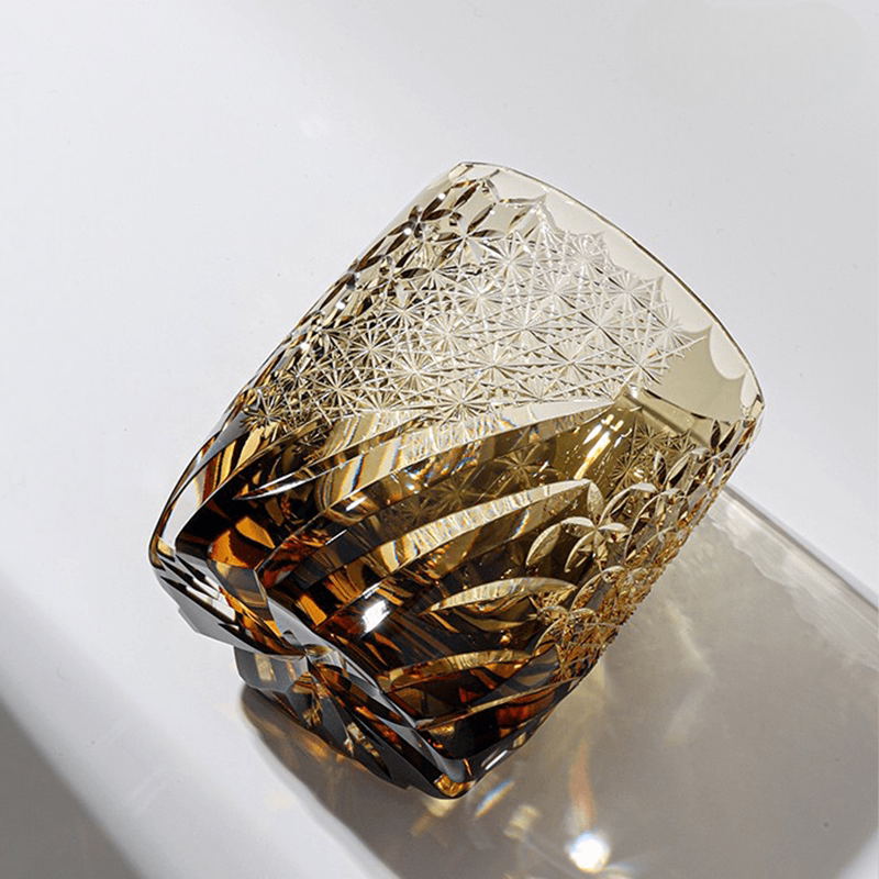 Hand-Carved Whiskey Glass 330ml – Luxury Amber Crystal, Wind, Flower, Snow, Moon Motif, Premium Gift Box