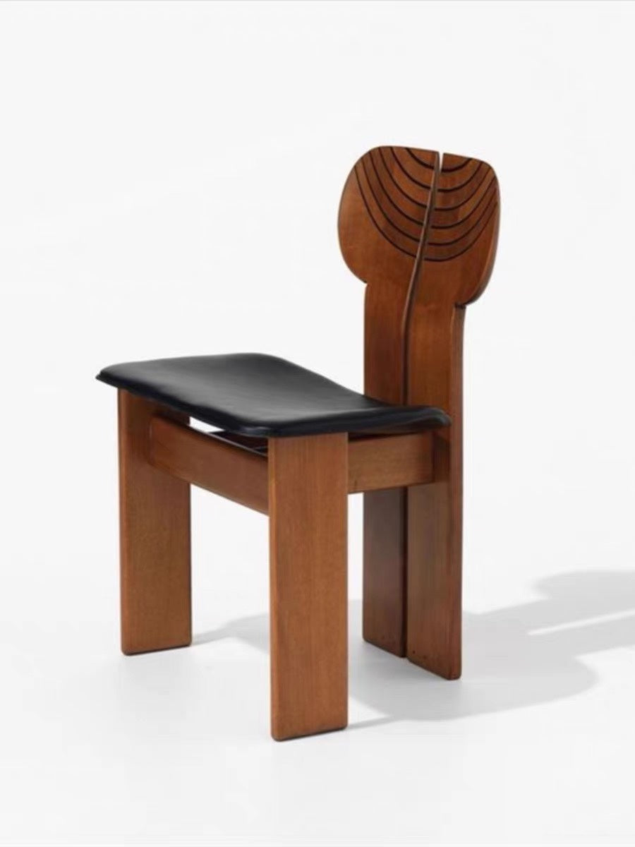 African-Inspired Solid Wood Dining Chair – Sculptural Backrest Design with Leather Seat, Contemporary Luxury Chair for Dining Room, Restaurant, Modern Home
