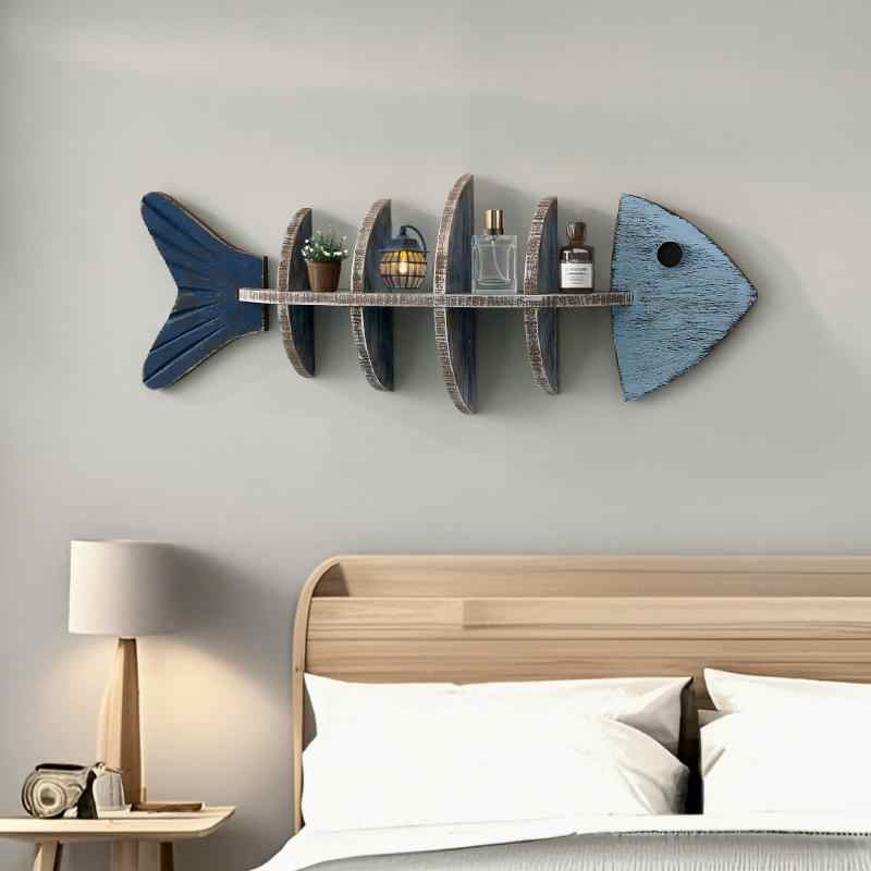Mediterranean Fish Bone Wall Shelf – Coastal Blue Wooden Display Rack, Nautical Storage Organizer with Multiple Compartments for Home Decoration