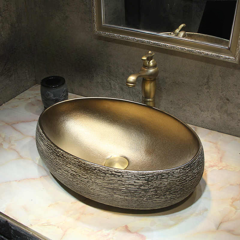 Luxury Gold Oval Ceramic Wash Basin – Modern Art Hotel Countertop Vessel Sink, Large Bathroom Vanity Bowl