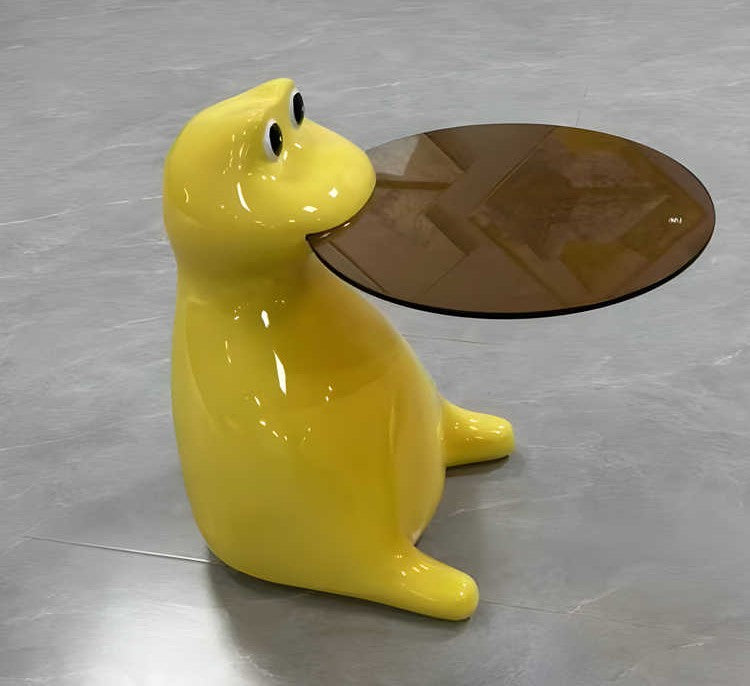 Cartoon Hippo Side Table, Creative Fiberglass Coffee Table with Glass Top for Living Room, Designer Animal-Shaped Accent Table