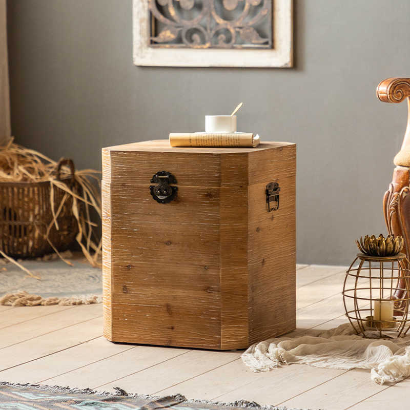 Vintage Solid Wood Storage Chest Coffee Table, Wabi-Sabi Distressed Square Side Table with Lid, Multi-Purpose Nightstand Ottoman