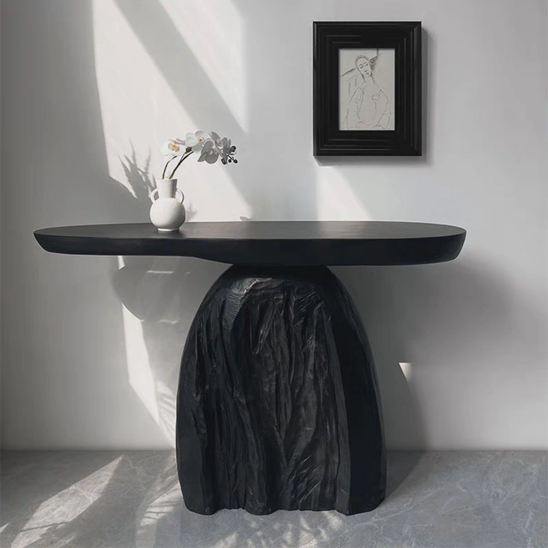 Contemporary Sculptural Console Table – Modern Black Entryway Table with Organic Stone Base, Narrow Designer Furniture for Luxury Interiors