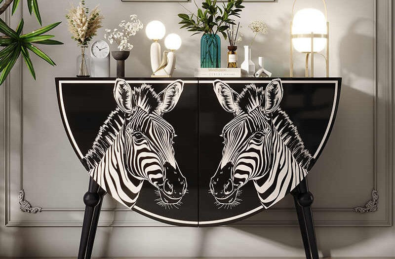 Luxury Hand-Painted Zebra Entryway Cabinet, Artistic Solid Wood Sideboard for Living Room & Hallway