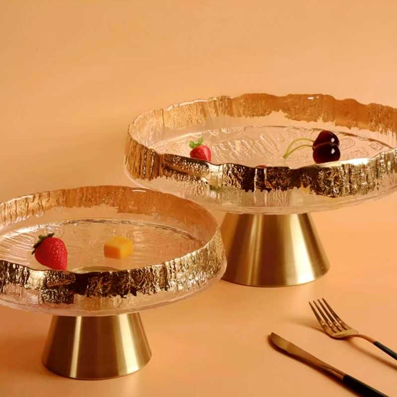 Luxury Gold Foil Glass Fruit Tray Set, Modern High-Foot Snack Organizer, Decorative Copper Base Display Bowls for Home & Countertop