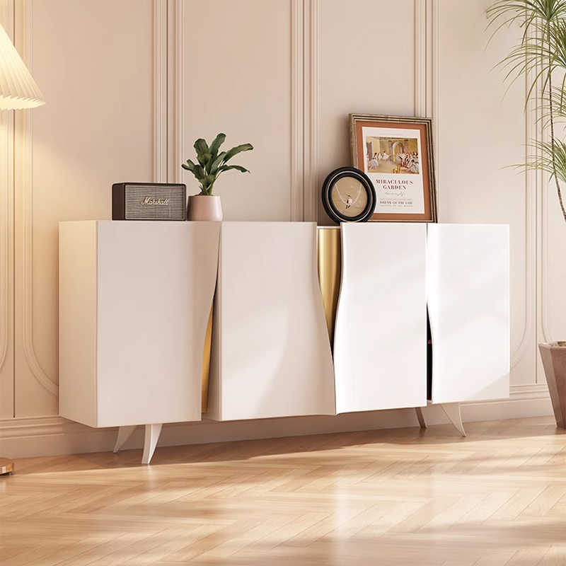 French-Cream Style Sintered Stone Entryway Cabinet, Modern Storage Sideboard with Gold Accents, Living Room Display Cabinet