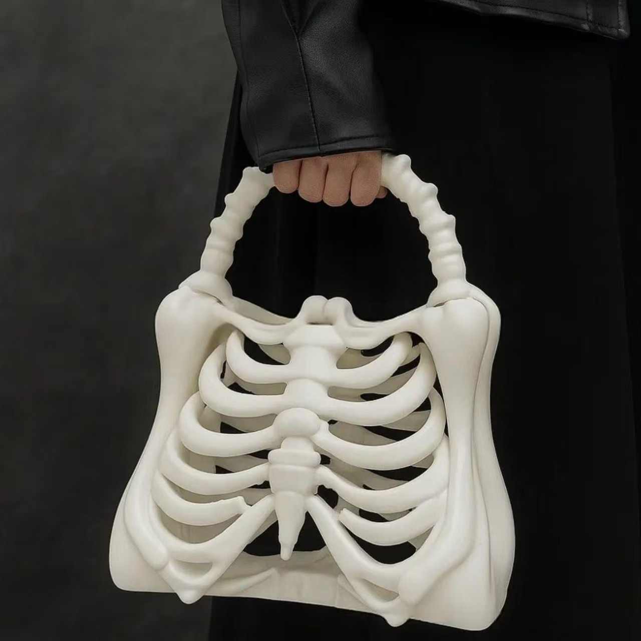3D Printed Skeleton Bone Tote Bag – Large Novelty Halloween Handbag, Realistic Skeleton Rib Cage Decor, White Statement Purse