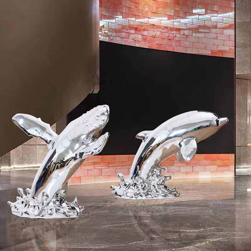 Modern Chrome Dolphin Sculpture, Large Fiberglass Electroplated Whale Art for Hotel Lobby, Showroom & Wall Display, Premium Marine Life Decor
