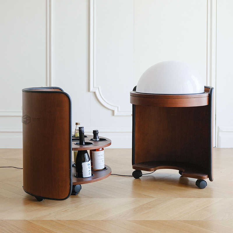 Vintage Modern Mobile Mini Bar Cabinet – Designer Luxury Movable Storage Sideboard with Built-In Lamp, Solid Wood