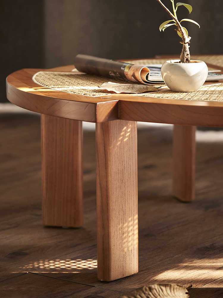 Vintage Cherry Wood Polygon Rattan Tea Table, Style Round Low Table for Small Living Rooms