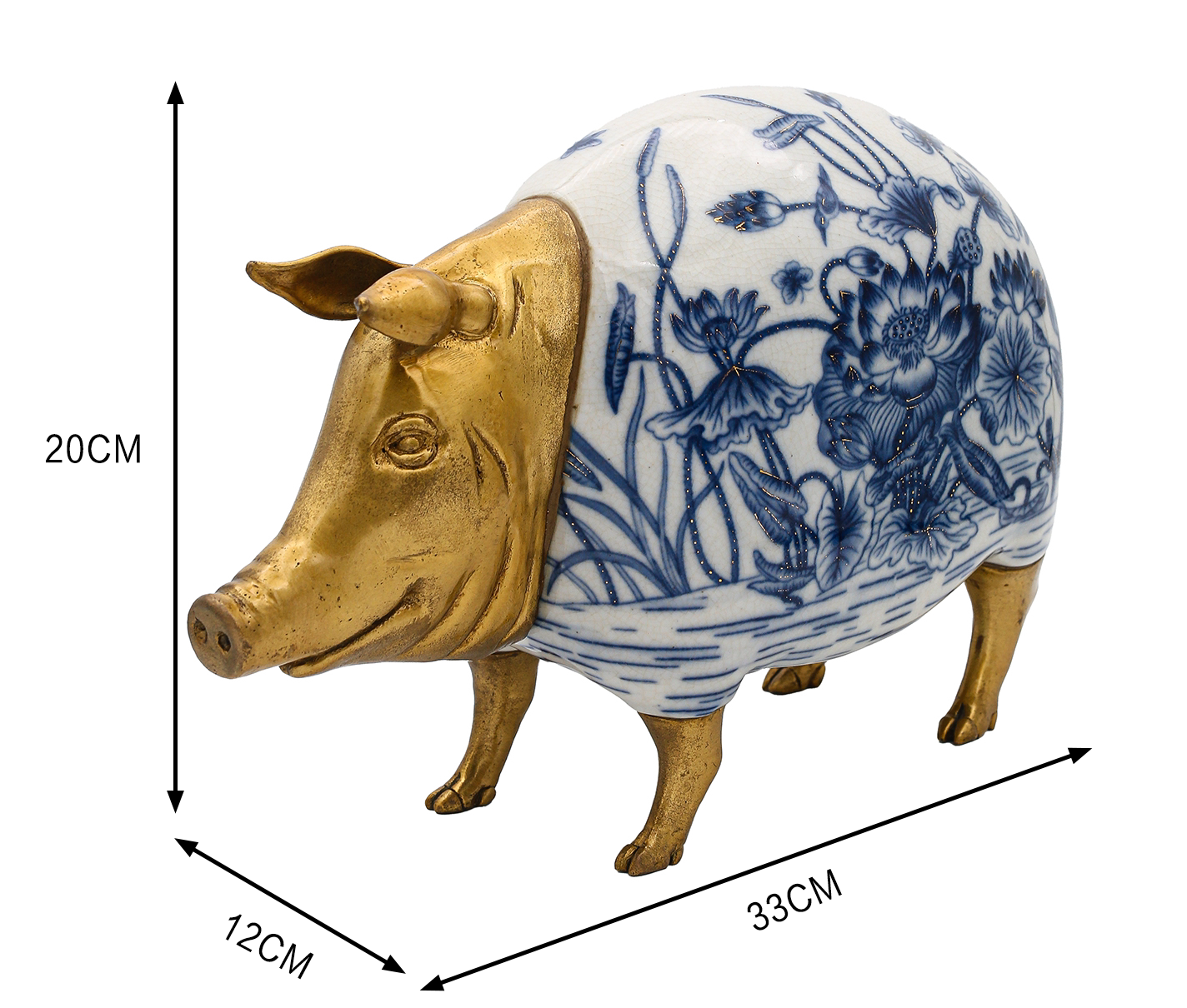 Premium Blue & White Porcelain Pig Sculpture – Traditional Asian Lotus Pattern with Gilded Bronze Details, Luxury Ceramic Home Décor Figurine