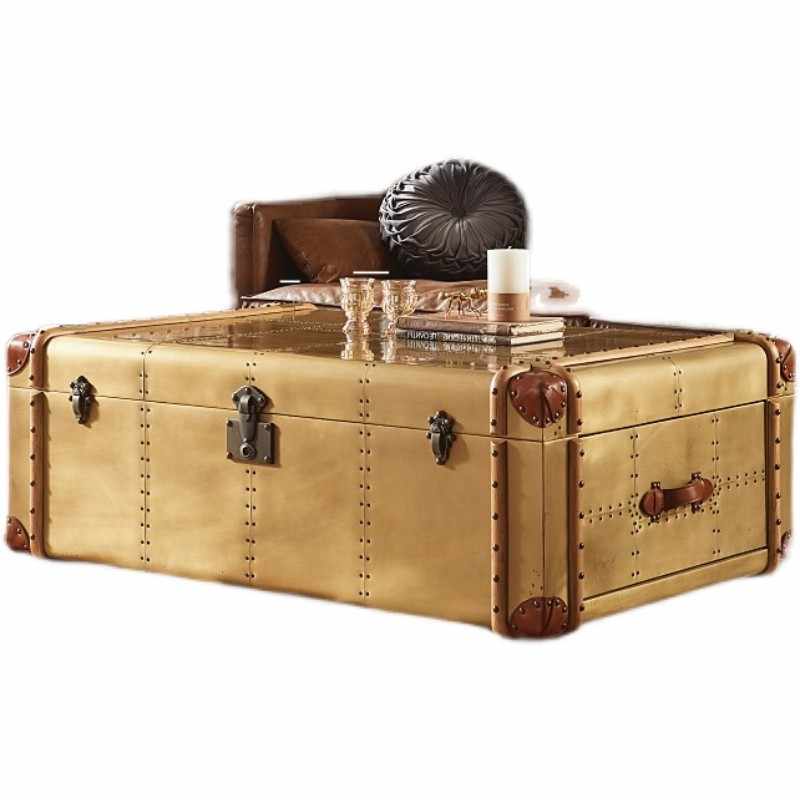 Vintage Industrial Aluminum & Leather Trunk Coffee Table – Antique Bronze Finish Mid-Century Storage Ottoman with Metal Hardware