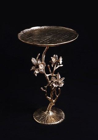 Luxury Metal Side Table, Brass Floral Accent Table for Sofa, High-End Living Room Furniture with Decorative Base