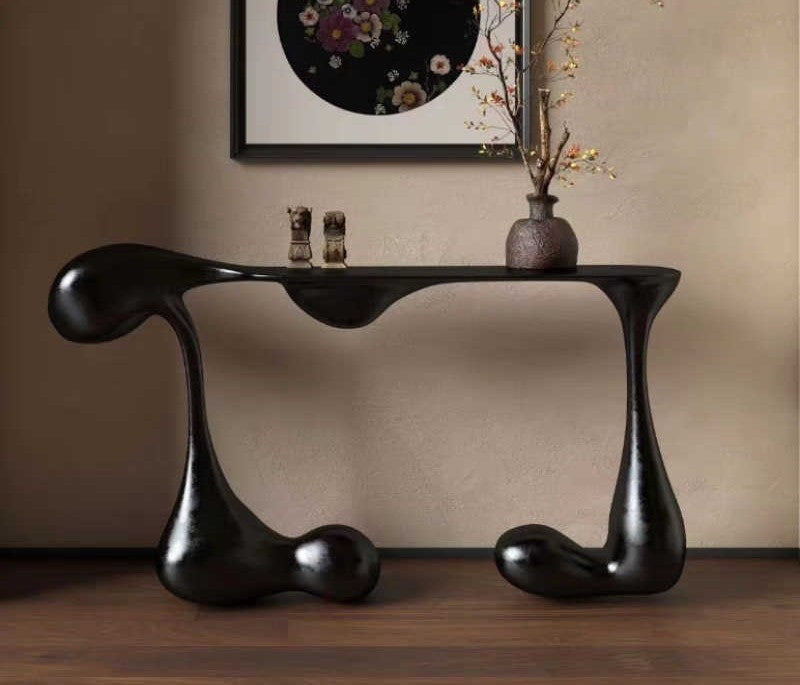 Sculptural Fiberglass Console Table – Black Muscle-Inspired Base with Glass Top, Designer Entry Table for Luxury Hotels and Modern Homes