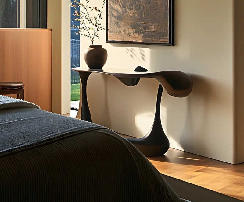 Sculptural Fiberglass Console Table – Black Muscle-Inspired Base with Glass Top, Designer Entry Table for Luxury Hotels and Modern Homes