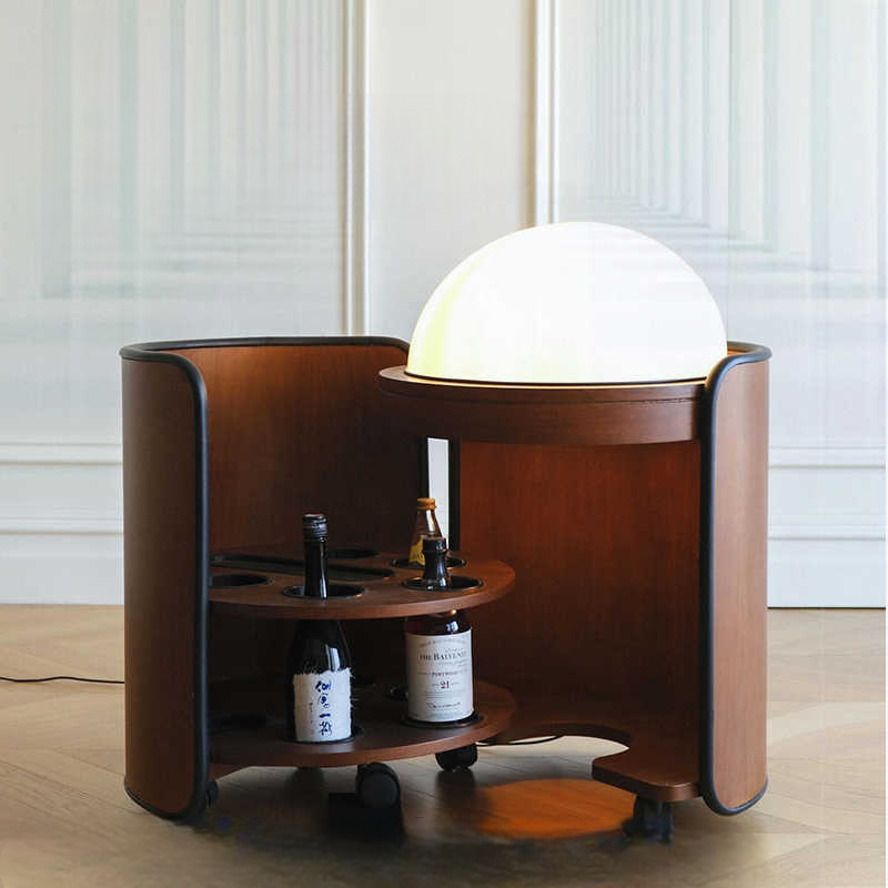 Vintage Modern Mobile Mini Bar Cabinet – Designer Luxury Movable Storage Sideboard with Built-In Lamp, Solid Wood
