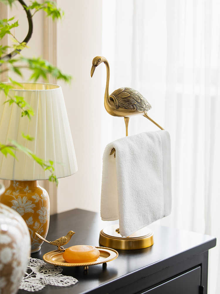 Solid Brass Crane Towel & Tissue Stand, Free-Standing Bird Sculpture Holder for Bathroom, Vanity, or Living Room, Luxury Statue