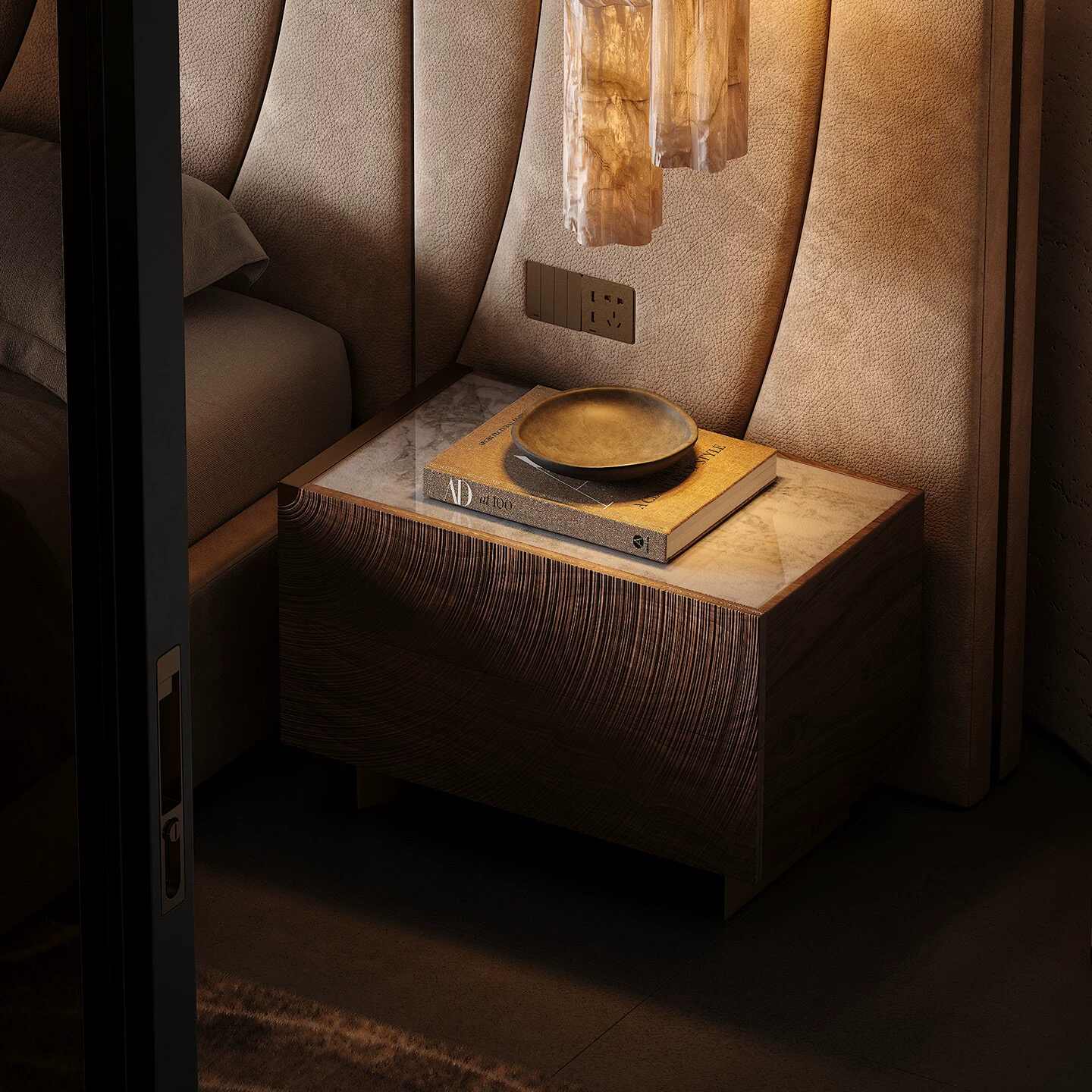 Luxury Ripple Pattern Walnut Bedside Table – Modern Designer Nightstand with White Marble Top, Hand-Carved Artistic Bedroom Accent